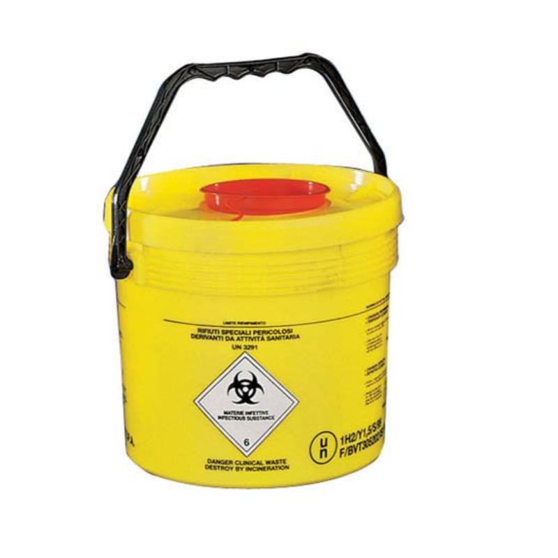 Контейнер біобезпеки, 4.0 л, циліндричний жовтий, ПП з ручкою та жовтою ПП кришкою, в якій є люк з демонтажним профілем з кришкою, для утилізації відходів